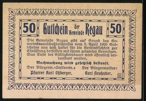 Notgeld Regau 1920, 50 Heller, Ortsansicht mit Kirche und Kreuz, dekorative Bordüre, Gutscheintext