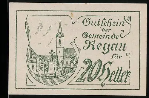 Notgeld Regau 1920, 20 Heller, Stadtansicht mit Kirchturm und Kreuz