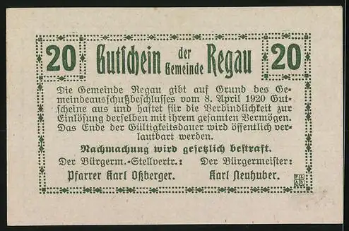 Notgeld Regau 1920, 20 Heller, Stadtansicht mit Kirchturm und Kreuz