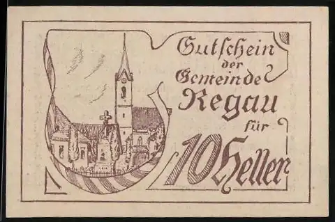 Notgeld Regau 1920, 10 Heller, Kirche und dekorative Schriftzüge