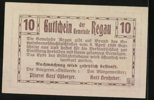 Notgeld Regau 1920, 10 Heller, Kirche und dekorative Schriftzüge