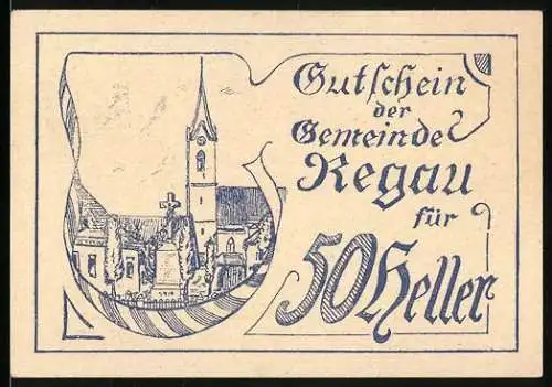 Notgeld Regau 1920, 50 Heller, Kirche und Text mit Herzmuster-Rahmen