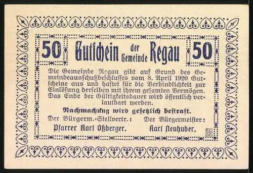 Notgeld Regau 1920, 50 Heller, Kirche und Text mit Herzmuster-Rahmen