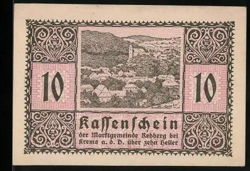 Notgeld Rehberg 1920, 10 Heller, Dorfansicht mit Hügeln