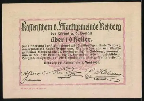 Notgeld Rehberg 1920, 10 Heller, Dorfansicht mit Hügeln