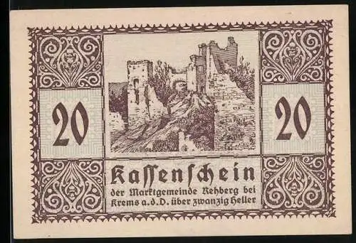 Notgeld Rehberg 1920, 20 Heller, Burgruine-Motiv mit floralen Mustern und Textpassage