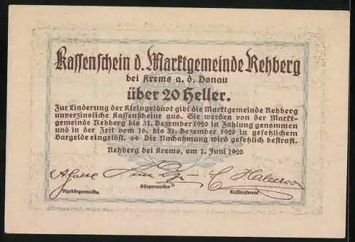 Notgeld Rehberg 1920, 20 Heller, Burgruine-Motiv mit floralen Mustern und Textpassage