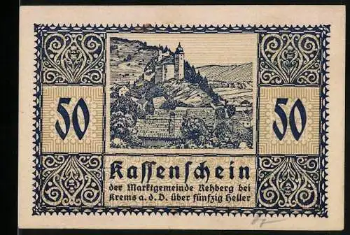 Notgeld Rehberg 1920, 50 Heller, Burglandschaft und dekorative Ornamente