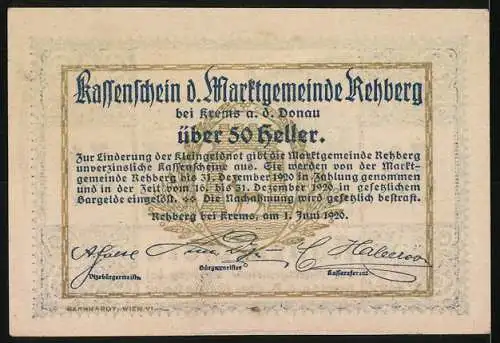 Notgeld Rehberg 1920, 50 Heller, Burglandschaft und dekorative Ornamente