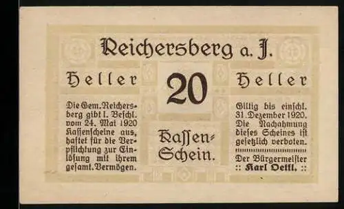 Notgeld Reichersberg 1920, 20 Heller, Klosterhofansicht, Text mit Ausgabe- und Gültigkeitsdaten