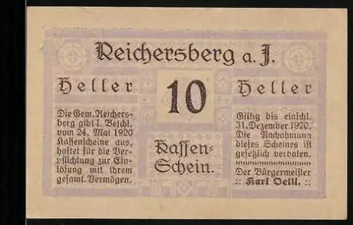 Notgeld Reichersberg 1920, 10 Heller, Klosteransicht, Kassenschein, gültig bis 31.12.1920