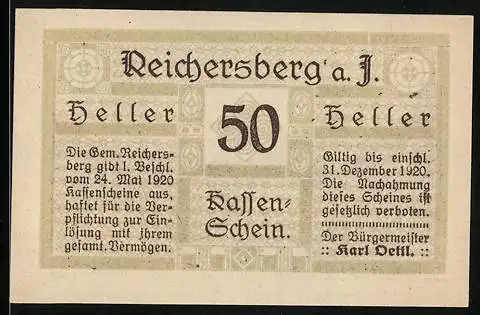 Notgeld Reichersberg 1920, 50 Heller, Klosterhof-Ansicht