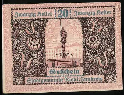 Notgeld Ried 1920, 20 Heller, Brunnenfigur und dekoratives Muster, Wappen und Text auf Rückseite