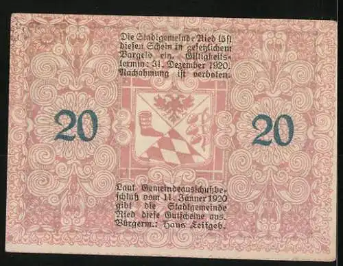 Notgeld Ried 1920, 20 Heller, Brunnenfigur und dekoratives Muster, Wappen und Text auf Rückseite