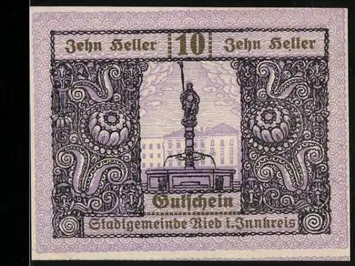 Notgeld Ried 1920, 10 Heller, Brunnenfigur und Wappen, kunstvoller Ornamentrahmen