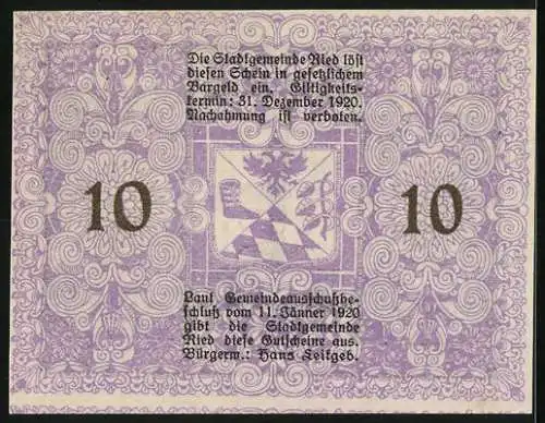 Notgeld Ried 1920, 10 Heller, Brunnenfigur und Wappen, kunstvoller Ornamentrahmen