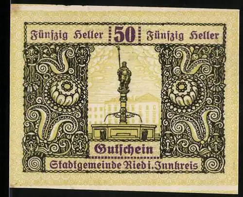 Notgeld Ried im Innkreis 1920, 50 Heller, Brunnenmotiv mit reich verziertem Rahmen und Wappen