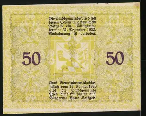 Notgeld Ried im Innkreis 1920, 50 Heller, Brunnenmotiv mit reich verziertem Rahmen und Wappen