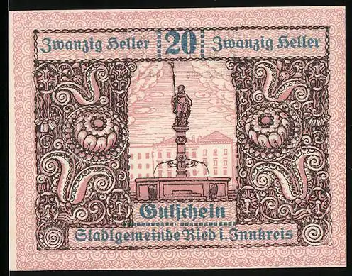 Notgeld Ried 1920, 20 Heller, Brunnen mit Statue, dekorative Ornamente, Wappen mit Schachbrettmuster