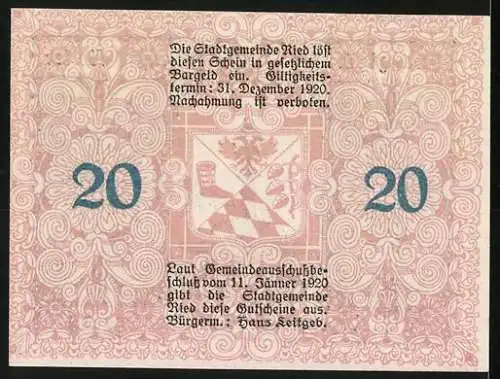 Notgeld Ried 1920, 20 Heller, Brunnen mit Statue, dekorative Ornamente, Wappen mit Schachbrettmuster