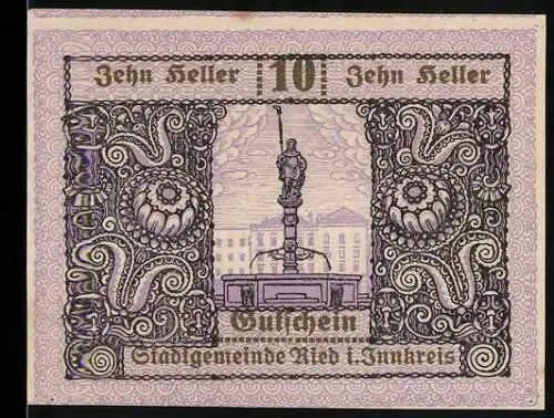 Notgeld Ried 1920, 10 Heller, Statue und kunstvolle Ornamente, Wappen