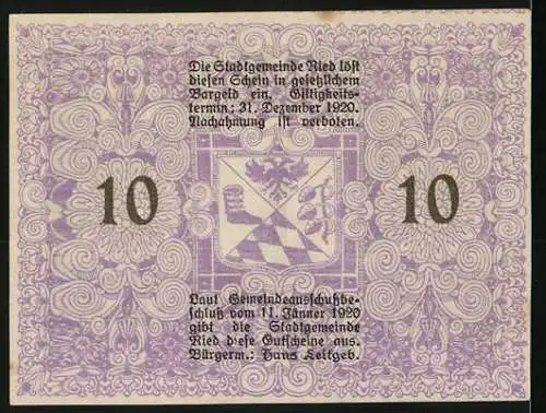 Notgeld Ried 1920, 10 Heller, Statue und kunstvolle Ornamente, Wappen