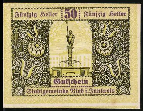 Notgeld Ried 1920, 50 Heller, Statue und florale Ornamente, Wappen, Gültigkeit bis 31. Dezember 1920