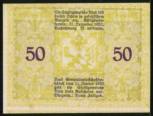 Notgeld Ried 1920, 50 Heller, Statue und florale Ornamente, Wappen, Gültigkeit bis 31. Dezember 1920