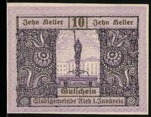 Notgeld Ried 1920, 10 Heller, Statue auf Brunnen, kunstvolle Ornamente, Wappen auf Rückseite