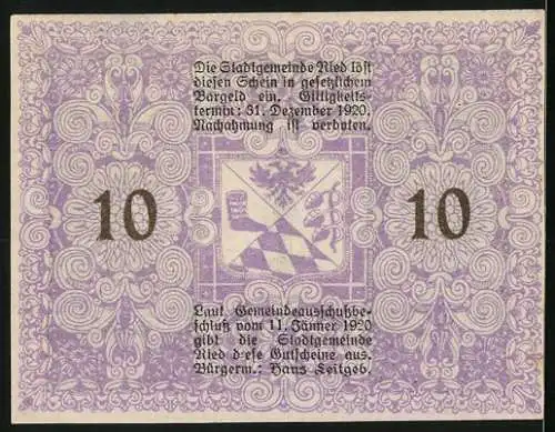 Notgeld Ried 1920, 10 Heller, Statue auf Brunnen, kunstvolle Ornamente, Wappen auf Rückseite