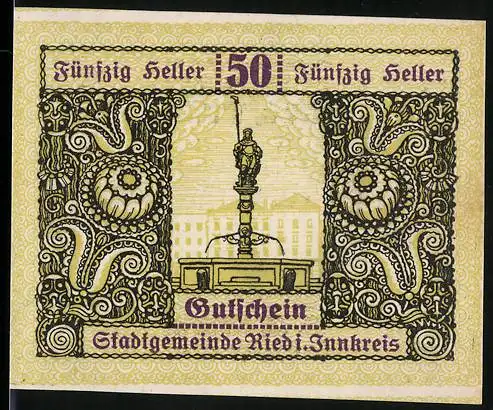 Notgeld Ried im Innkreis 1920, 50 Heller, Statue und kunstvolle Ornamente, Wappen vorhanden