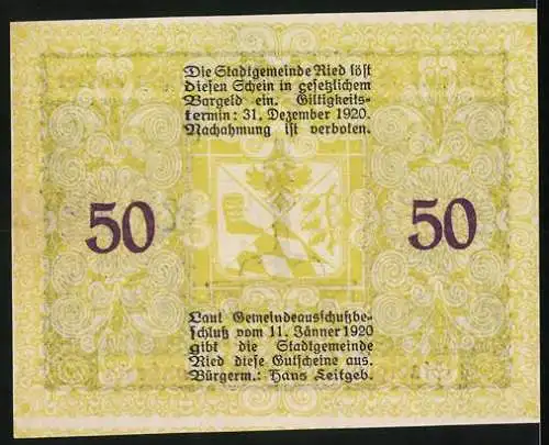 Notgeld Ried im Innkreis 1920, 50 Heller, Statue und kunstvolle Ornamente, Wappen vorhanden