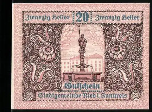 Notgeld Ried 1920, 20 Heller, Brunnenstatue mit Wappen und Ornamenten