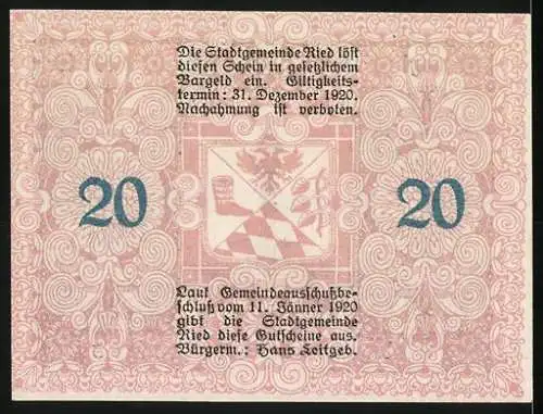 Notgeld Ried 1920, 20 Heller, Brunnenstatue mit Wappen und Ornamenten