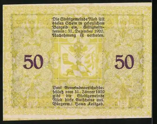 Notgeld Ried im Innkreis 1920, 50 Heller, Brunnenstatue und kunstvolle Ornamente, Wappen im Hintergrund