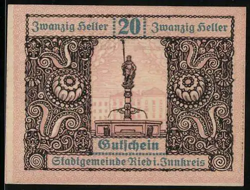 Notgeld Ried im Innkreis 1920, 20 Heller, Brunnenfigur und kunstvolles Ornament, Wappen in der Mitte