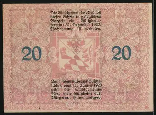 Notgeld Ried im Innkreis 1920, 20 Heller, Brunnenfigur und kunstvolles Ornament, Wappen in der Mitte