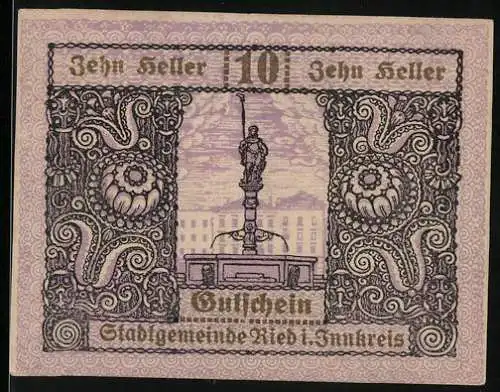 Notgeld Ried 1920, 10 Heller, Brunnenstatue und florale Ornamente, Wappen der Stadtgemeinde Ried