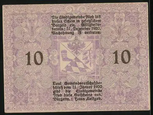 Notgeld Ried 1920, 10 Heller, Brunnenstatue und florale Ornamente, Wappen der Stadtgemeinde Ried