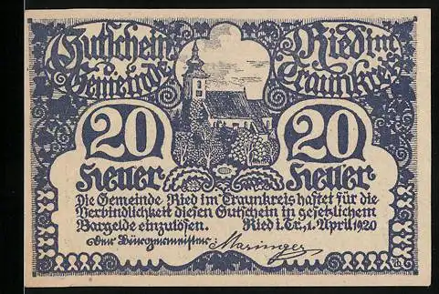 Notgeld Ried im Traunkreis 1920, 20 Heller, Kirche und dekorative Schriftzüge