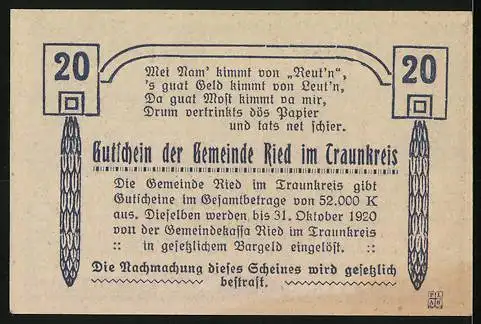 Notgeld Ried im Traunkreis 1920, 20 Heller, Kirche und dekorative Schriftzüge