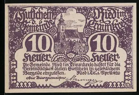 Notgeld Ried im Traunkreis 1920, 10 Heller, Kirche und Landschaftsmotiv