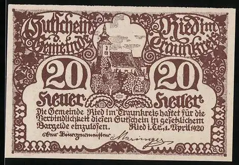 Notgeld Ried im Traunkreis 1920, 20 Heller, Kirche und Spruchbänder, braun-weiss