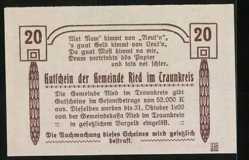 Notgeld Ried im Traunkreis 1920, 20 Heller, Kirche und Spruchbänder, braun-weiss