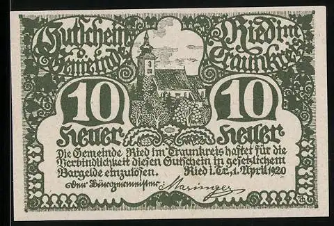 Notgeld Ried im Traunkreis 1920, 10 Heller, Kirche und Landschaftsmotiv