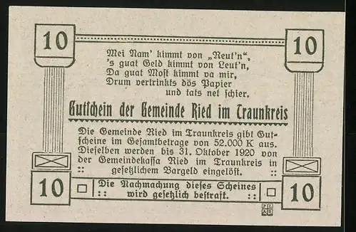 Notgeld Ried im Traunkreis 1920, 10 Heller, Kirche und Landschaftsmotiv