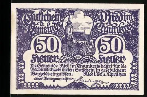 Notgeld Ried im Traunkreis 1920, 50 Heller, Kirche und Landschaftsmotiv