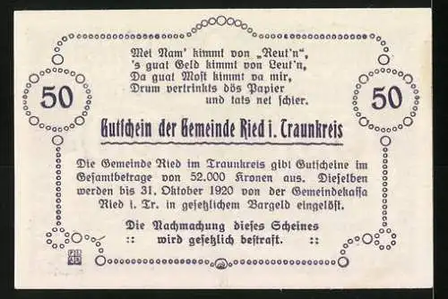 Notgeld Ried im Traunkreis 1920, 50 Heller, Kirche und Landschaftsmotiv