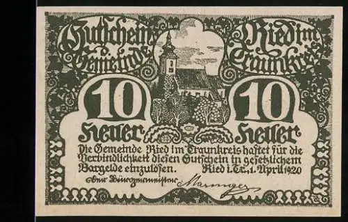 Notgeld Ried im Traunkreis 1920, 10 Heller, Kirche und Landschaftsmotiv