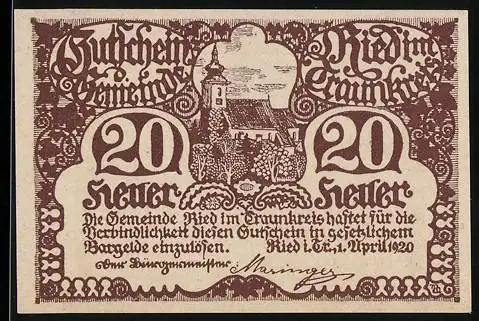 Notgeld Ried im Traunkreis 1920, 20 Heller, Kirche und Landschaftsmotiv